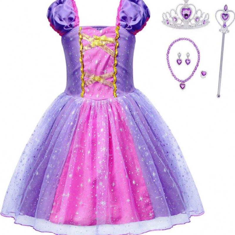 Högkvalitativ rapunzel prinsessklänning klänning för festfilm trasslade karaktärer cosplay flickor födelsedagsfest klänning i 1-4 år