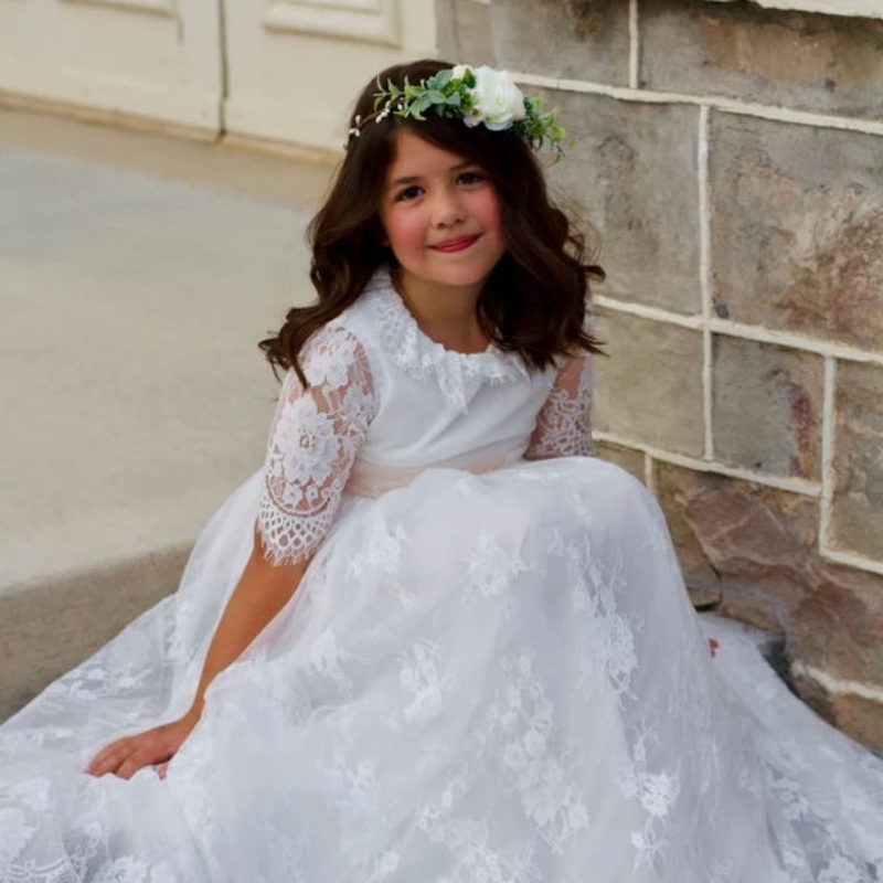 Långa vita klänningar för barnflickor Prinsessan Elegant bröllopsgäst barn brudtärna spetsklänning fest kväll klänning 3 6 14 år