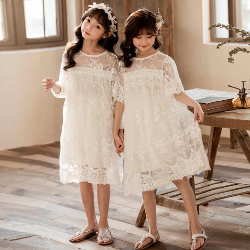 Nytt sommar bomullsnät garn spets flickor klänningar barn kjol barn kläder 3-14 år gammal vit prinsessan klänning