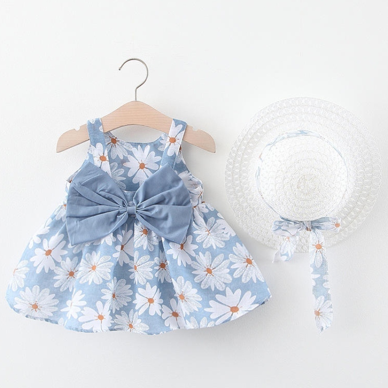 Partihandel 2st sommar Nyfödd klänning set baby flicka ärmlös tryck strandprinsessor frock klänningar med hatt