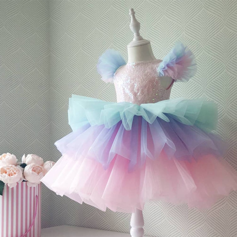 Flickor formella prinsessan klänning barn spets tyll regnbåge elegant kvällsfest tårta tutu prom klänning barn bröllop kommunion Kostym