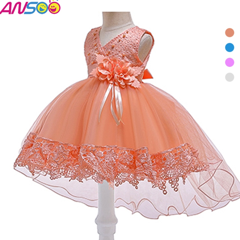 ANSOO Pretty Peach Children\'s Girl Birthday Princess Flower Orange Wedding Dress for Girl