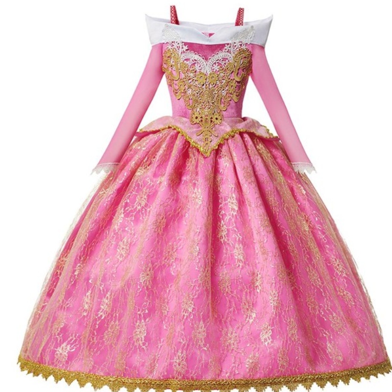Flickor Deluxe Sleeping Beauty Princess Costume Långärmad tävlingsfest klänning Barn Fancy Dress Up Frocks 3-10T