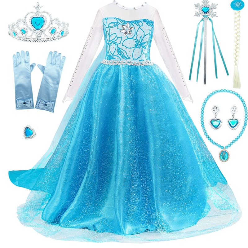 Flickor Elsa klä sig med tågbarn som pärlar långärmad snötryck Halloween Carnival Party Princess Costume