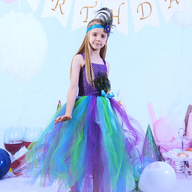 Barn \\\\ \'s Autumn Dress Peacock Feather Mesh kjol Baby Princess kjol tutu klänning