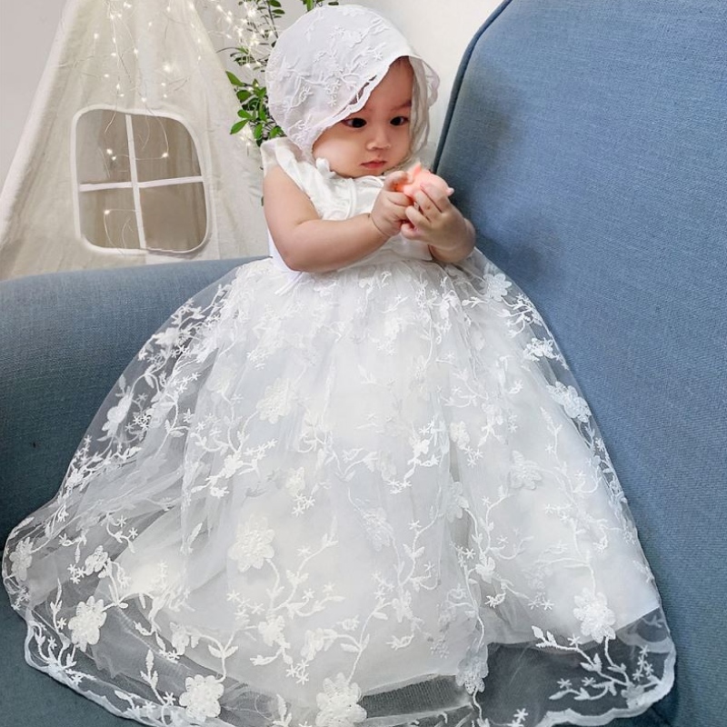 Baige New Party Girl Dress White Royal Design Nyfödda Baby Dopklänningar B-8873