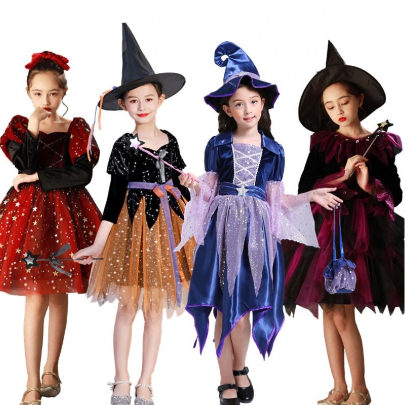 Ny häxdräkt cosplay flickor halloween kostym för barn jul barn prinsessan klänning vinterkläder med hatt