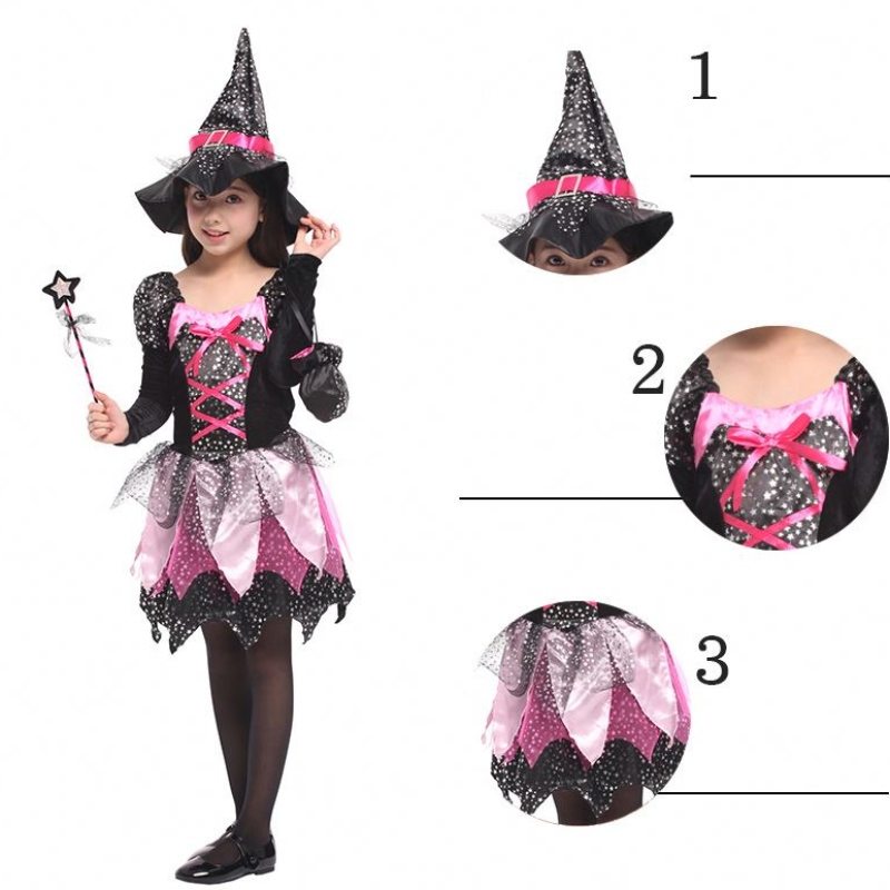 Kid Girls Wand klä upp kläder Halloween Witch Costume Sparkly Silver Stars Tryckt cosplayklänning med spetsig hatt