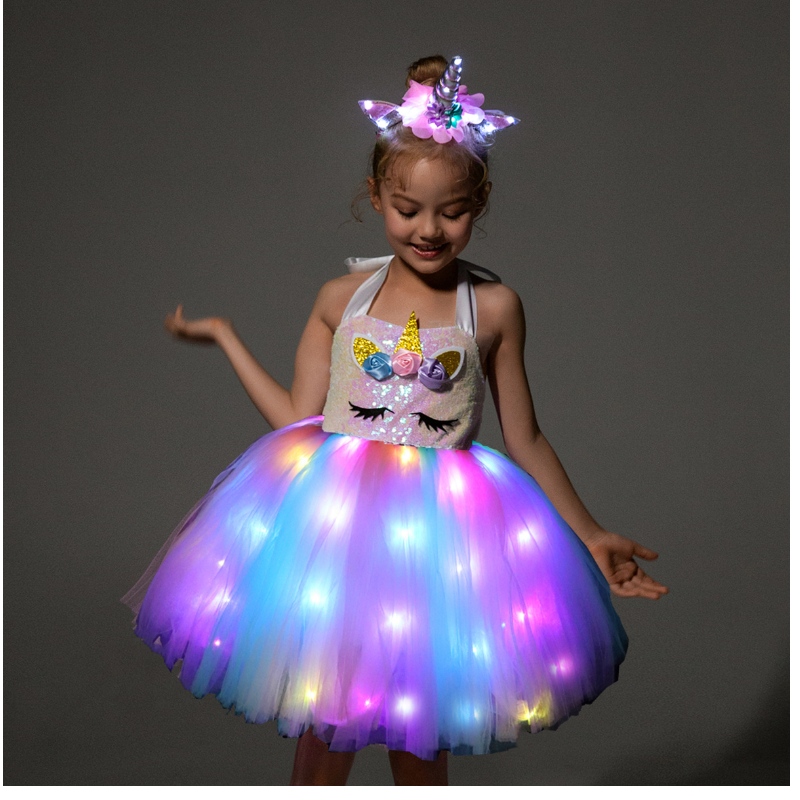 2022 Barnflickor Söta enhörningskostymer med LED -lysande klänning för Halloween födelsedagsfestgåva ärm