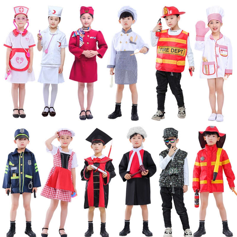 Halloween Children Doctor Cosplay Costume Kindergarten Rollspel Brandman sjuksköterska Kok Polisdräkt sjuksköterskor Piloter Kostymer