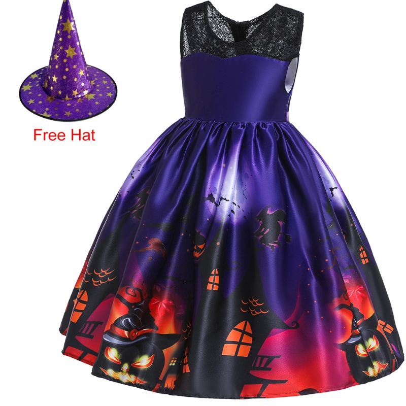 Barnens flygande ärmklänning Hallowen Princess Costume Ghost Print Dress With Hat