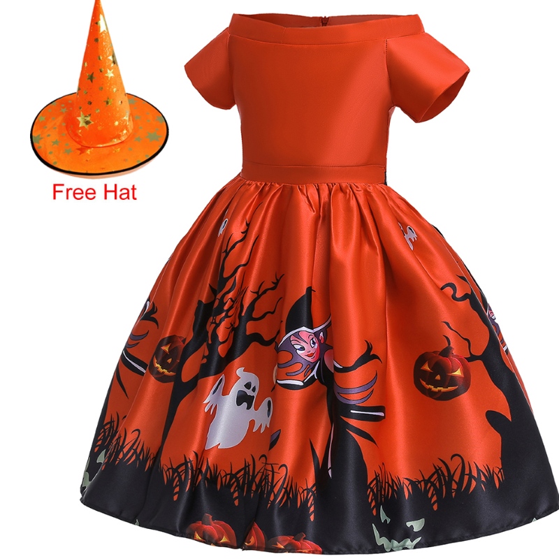 Amazon Halloween barns kostym Cosplay maskerad utskrift klänning prestanda klänning + hatt