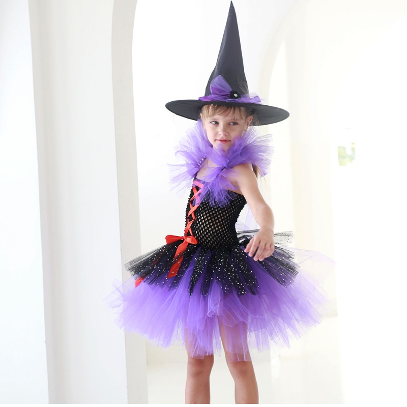 Amazon Hot Selling Tutu Witch Dress Costume For Girls With Witchy Hat Halloween Carnival Party